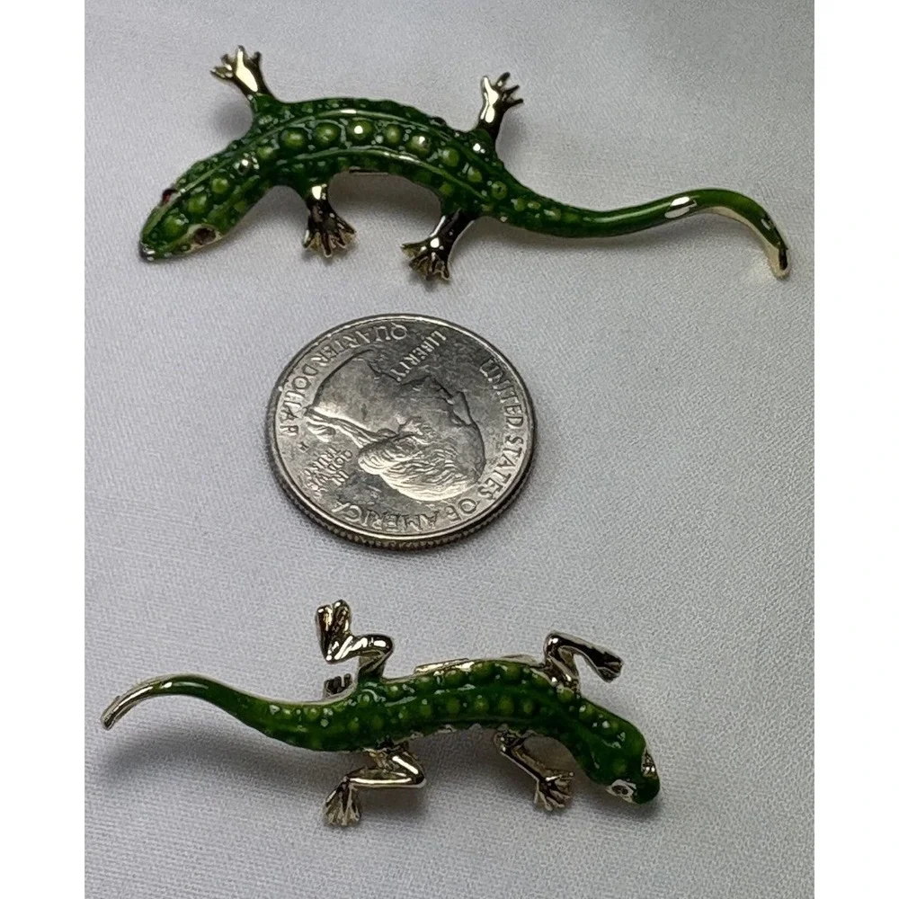 Vintage 80s Green Enamel Lizard Gecko Brooch Pin Set 2pc Mother Baby Reptile